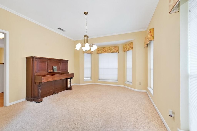 interior space with ornamental molding, light colored carpet, visible vents, and a notable chandelier