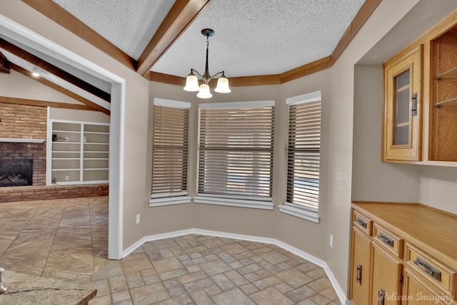 6090 Dorchester Cir, Keithville, LA 71047 - unfurnished dining area with baseboards, beamed ceiling, a chandelier, and a textured ceiling