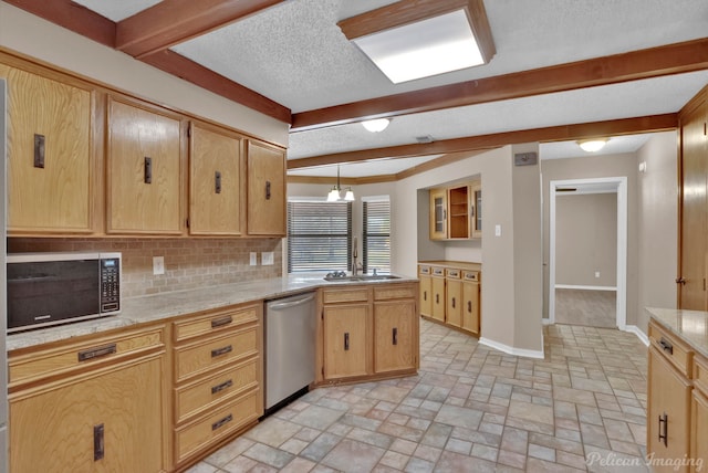 6090 Dorchester Cir, Keithville, LA 71047 - kitchen with tasteful backsplash, a sink, beamed ceiling, a peninsula, and appliances with stainless steel finishes