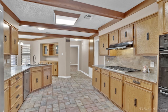 6090 Dorchester Cir, Keithville, LA 71047 - kitchen featuring baseboards, beam ceiling, appliances with stainless steel finishes, under cabinet range hood, and a sink
