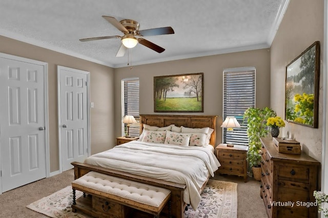 6090 Dorchester Cir, Keithville, LA 71047 - bedroom featuring ornamental molding, a ceiling fan, light carpet, and a textured ceiling