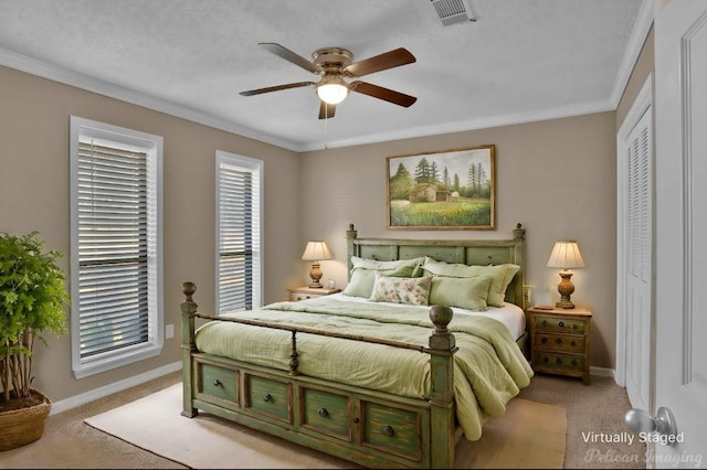 6090 Dorchester Cir, Keithville, LA 71047 - carpeted bedroom with baseboards, visible vents, crown molding, and a ceiling fan
