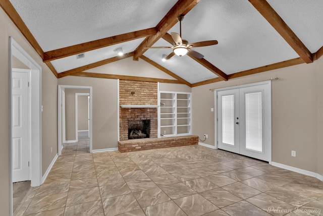 6090 Dorchester Cir, Keithville, LA 71047 - unfurnished living room featuring lofted ceiling with beams, ceiling fan, french doors, and a textured ceiling