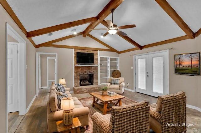 6090 Dorchester Cir, Keithville, LA 71047 - living area featuring visible vents, a fireplace, a ceiling fan, vaulted ceiling with beams, and french doors