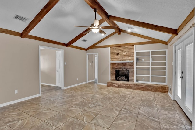 6090 Dorchester Cir, Keithville, LA 71047 - unfurnished living room featuring lofted ceiling with beams, a textured ceiling, visible vents, baseboards, and ceiling fan