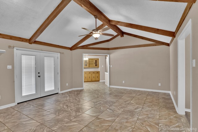 6090 Dorchester Cir, Keithville, LA 71047 - spare room featuring french doors, lofted ceiling with beams, a textured ceiling, baseboards, and ceiling fan