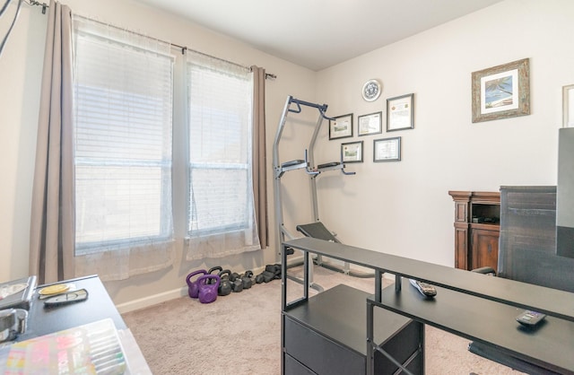 exercise area with carpet and baseboards