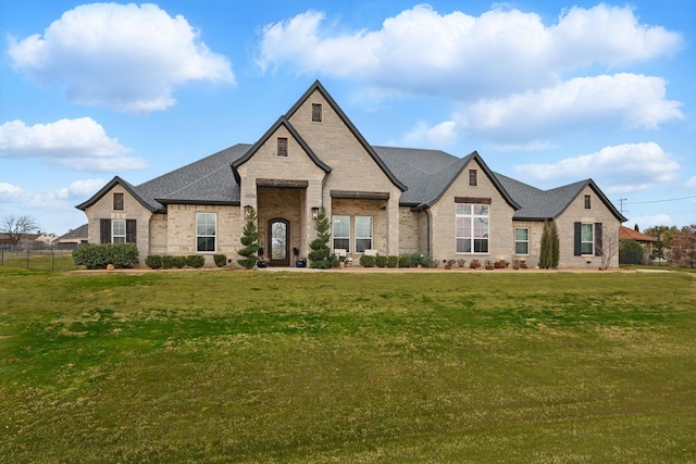 french country home with a shingled roof, a front yard, brick siding, and fence