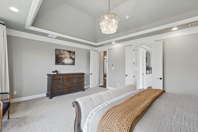 bedroom with arched walkways, carpet flooring, baseboards, a tray ceiling, and crown molding