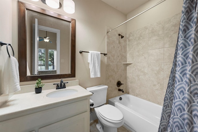 bathroom with toilet, shower / tub combo, and vanity