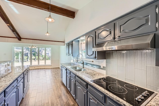 kitchen with black electric cooktop, under cabinet range hood, a sink, backsplash, and dishwasher