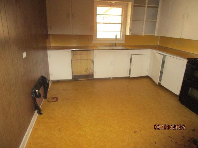 kitchen with wood walls, a sink, and white cabinetry