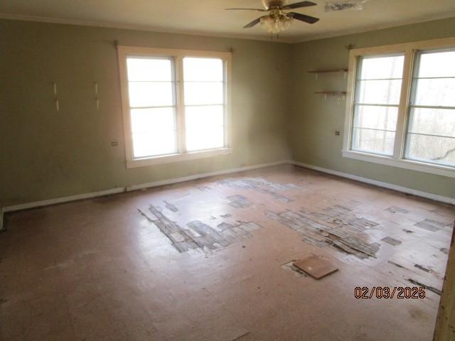 unfurnished room featuring ornamental molding, a ceiling fan, and baseboards