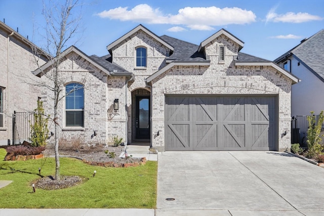 french country home with brick siding, a shingled roof, an attached garage, a front yard, and driveway