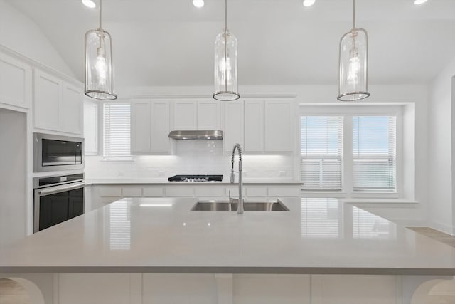 kitchen with a large island with sink, stainless steel oven, a sink, under cabinet range hood, and built in microwave