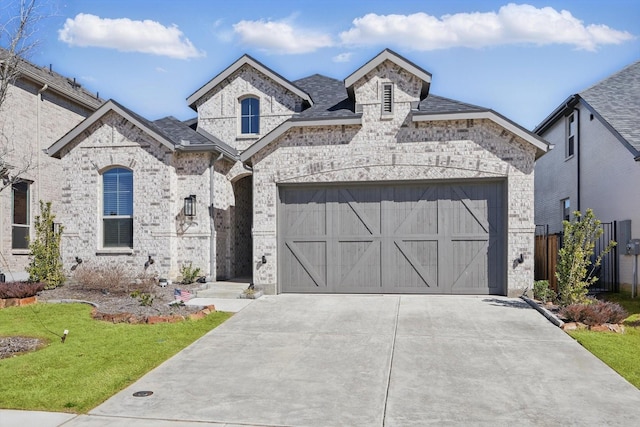 french country inspired facade featuring a garage, concrete driveway, and brick siding