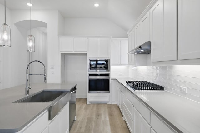 kitchen featuring white cabinets, light wood finished floors, tasteful backsplash, appliances with stainless steel finishes, and under cabinet range hood