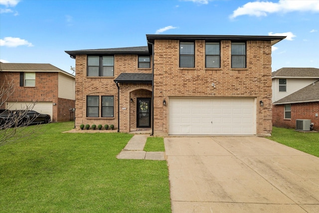 view of front facade featuring central AC unit, a garage, brick siding, driveway, and a front yard