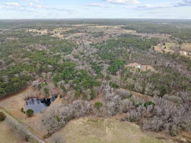 bird's eye view with a water view and a forest view