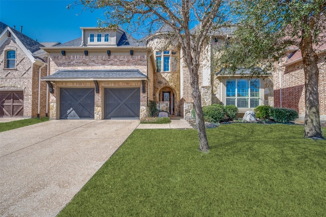 french country inspired facade with a front yard, stone siding, brick siding, and driveway