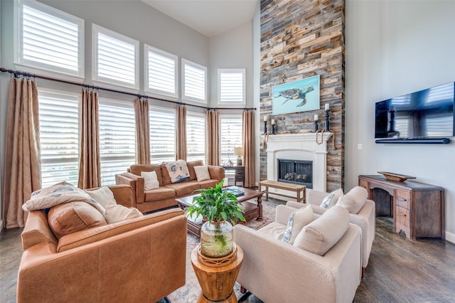 living area featuring high vaulted ceiling, a stone fireplace, and wood finished floors