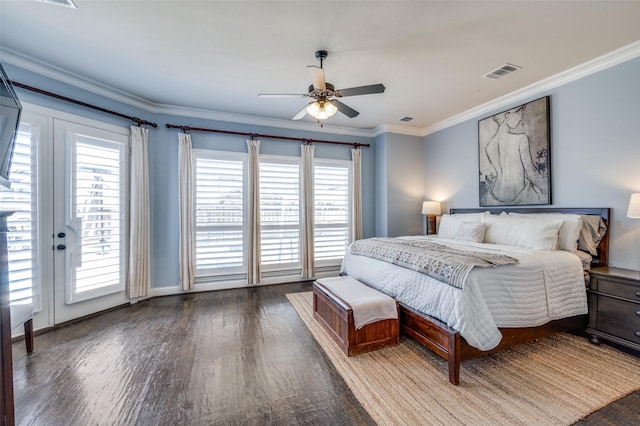 bedroom featuring access to exterior, visible vents, crown molding, and wood finished floors