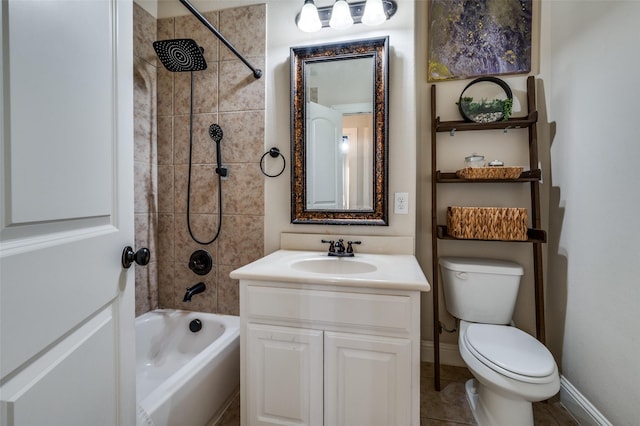 bathroom featuring toilet, shower / tub combination, baseboards, and vanity