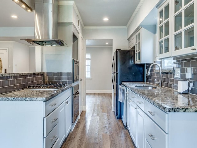 kitchen with appliances with stainless steel finishes, ornamental molding, wood finished floors, island exhaust hood, and a sink