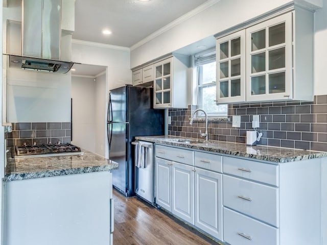 kitchen with appliances with stainless steel finishes, wood finished floors, island exhaust hood, crown molding, and a sink