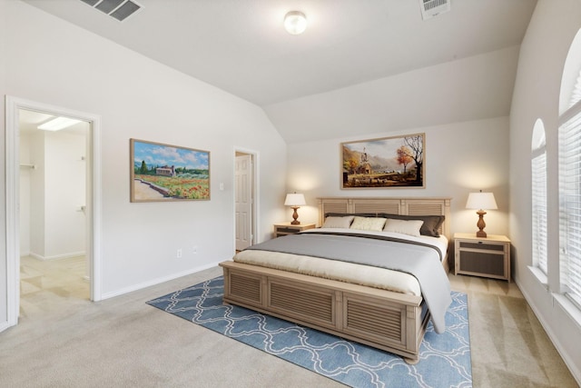 bedroom with carpet floors, a wall unit AC, visible vents, vaulted ceiling, and baseboards