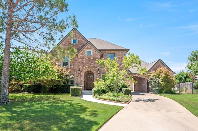 tudor home featuring brick siding, driveway, a front lawn, and fence