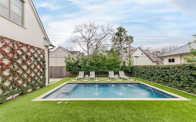 view of pool with a yard, a fenced backyard, and a fenced in pool