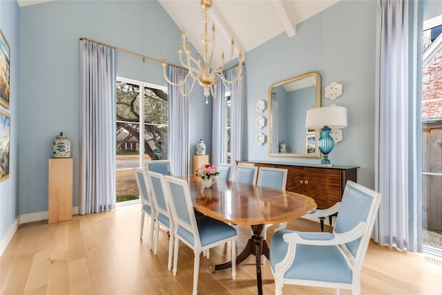 dining area featuring vaulted ceiling with beams, wood finished floors, a chandelier, and baseboards