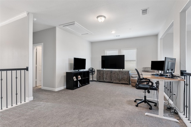 home office with carpet, visible vents, and baseboards