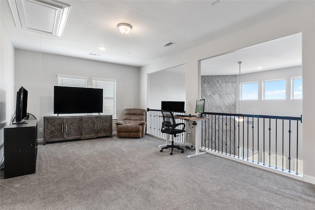 home office featuring visible vents, carpet flooring, attic access, and baseboards