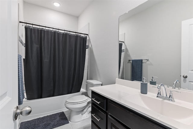 full bath with tile patterned flooring, shower / bathtub combination with curtain, toilet, and vanity