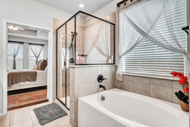 bathroom with recessed lighting, a stall shower, connected bathroom, tile patterned flooring, and a bath