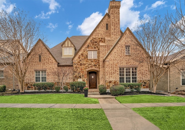 tudor house with a shingled roof, brick siding, stone siding, a front lawn, and a chimney