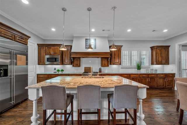 2204 Emerson Ln, Carrollton, TX 75010 - kitchen with built in appliances, premium range hood, decorative backsplash, light stone countertops, and recessed lighting