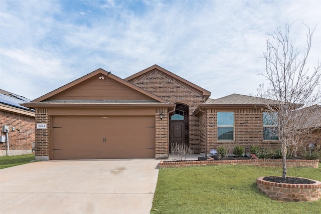 single story home featuring concrete driveway, brick siding, and an attached garage