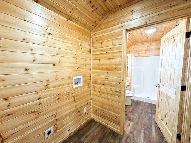 clothes washing area with hookup for a washing machine, hookup for an electric dryer, laundry area, dark wood-style flooring, and wooden ceiling