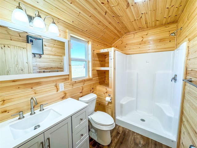 bathroom featuring toilet, wood finished floors, wooden walls, a shower stall, and wood ceiling