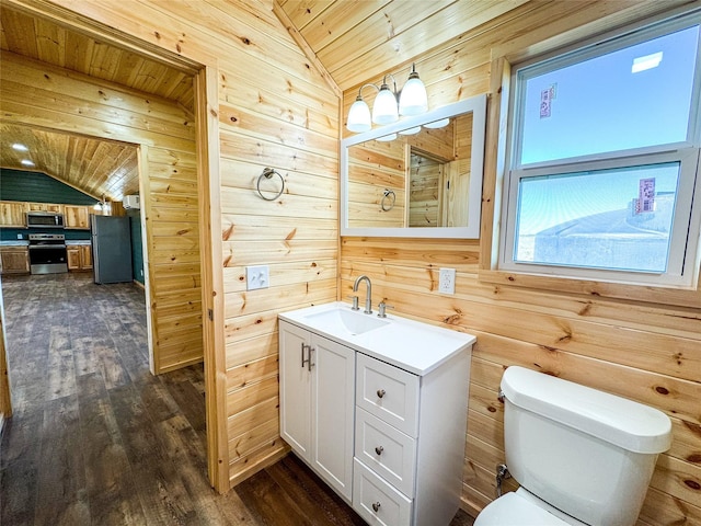 bathroom featuring wood finished floors, lofted ceiling, wood ceiling, and wood walls