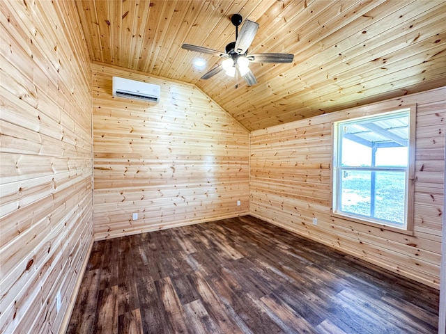 bonus room with dark wood-style floors, lofted ceiling, ceiling fan, an AC wall unit, and wood ceiling