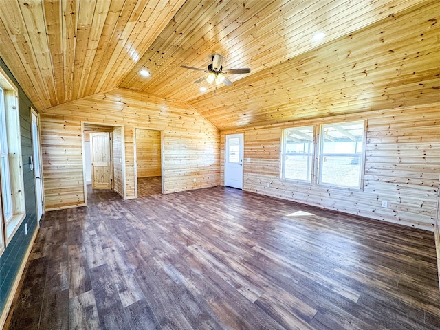 interior space with wood ceiling, dark wood finished floors, wood walls, and vaulted ceiling