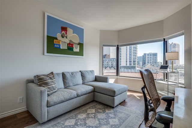 office space featuring a city view, wood finished floors, and baseboards