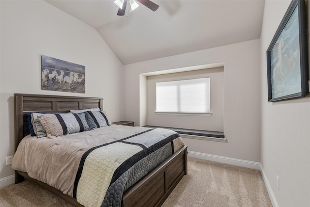 bedroom featuring lofted ceiling, carpet floors, ceiling fan, and baseboards