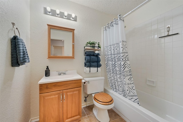 full bath featuring toilet, shower / tub combo, a textured ceiling, vanity, and tile patterned flooring