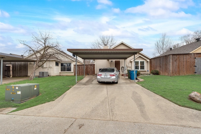 view of front of property with central AC, driveway, a chimney, and a front lawn