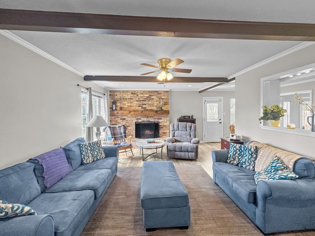 living area featuring wood finished floors, beamed ceiling, a fireplace, and ornamental molding